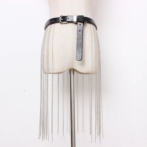 Long Silver Chain Fringe Tassel Vegan Leather Belt